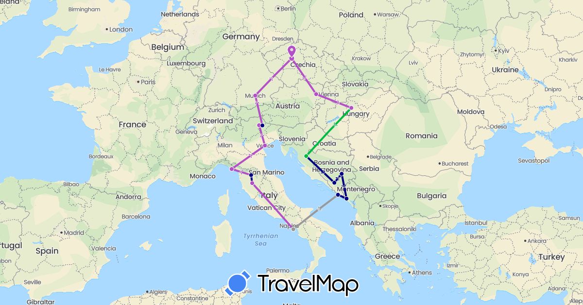 TravelMap itinerary: driving, bus, plane, train in Austria, Bosnia and Herzegovina, Czech Republic, Germany, Croatia, Hungary, Italy, Montenegro (Europe)